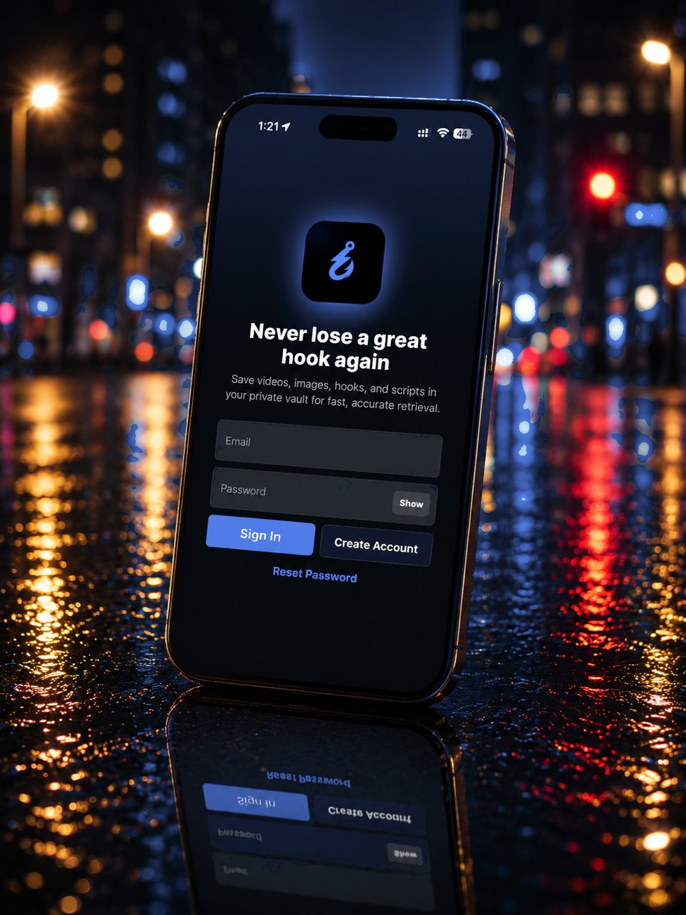 HookVault sign-in — never lose a great hook again